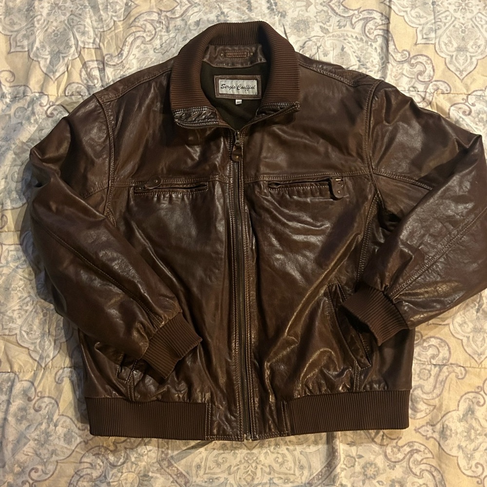 Men's Brown Leather Bomber Jacket with Ribbed Trim